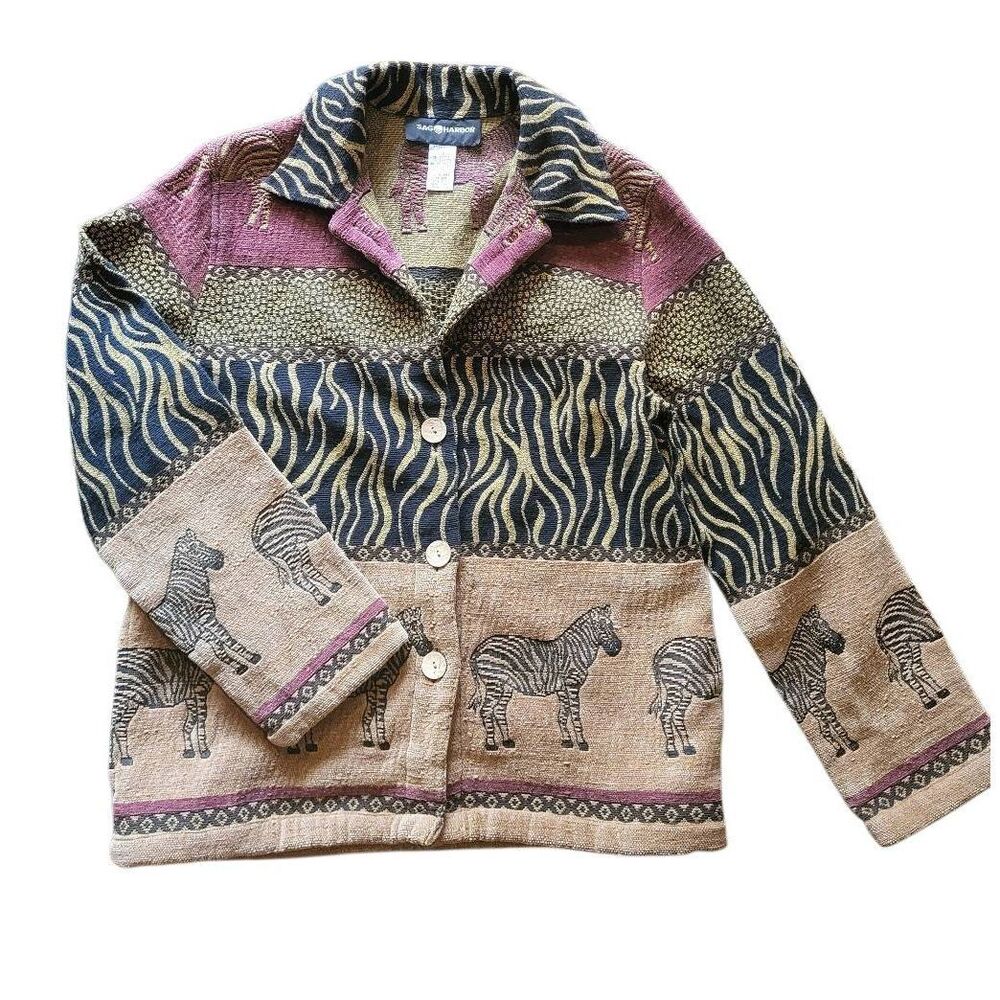 Vintage Sag Harbor Jacket Women's 10 Brown Zebra Tribal Eclectic Tapestry
